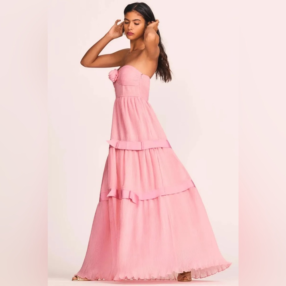 LoveShackFancy Pink Strapless Tiered Maxi Dress